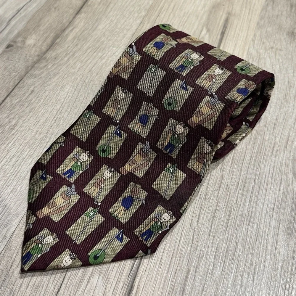 Save the Children 100% Silk Burgundy/Multicolor Geometric Woven Golf Men's Tie